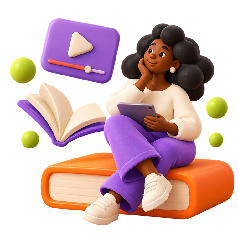 Pessoa com tablet, livro e elementos de aprendizagem