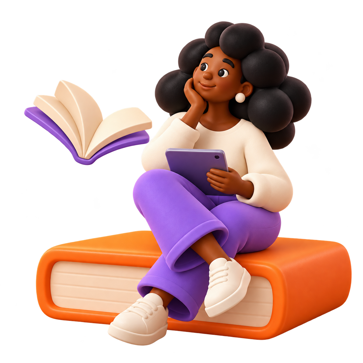 Pessoa com tablet sentada sobre um livro, acompanhada de um livro aberto